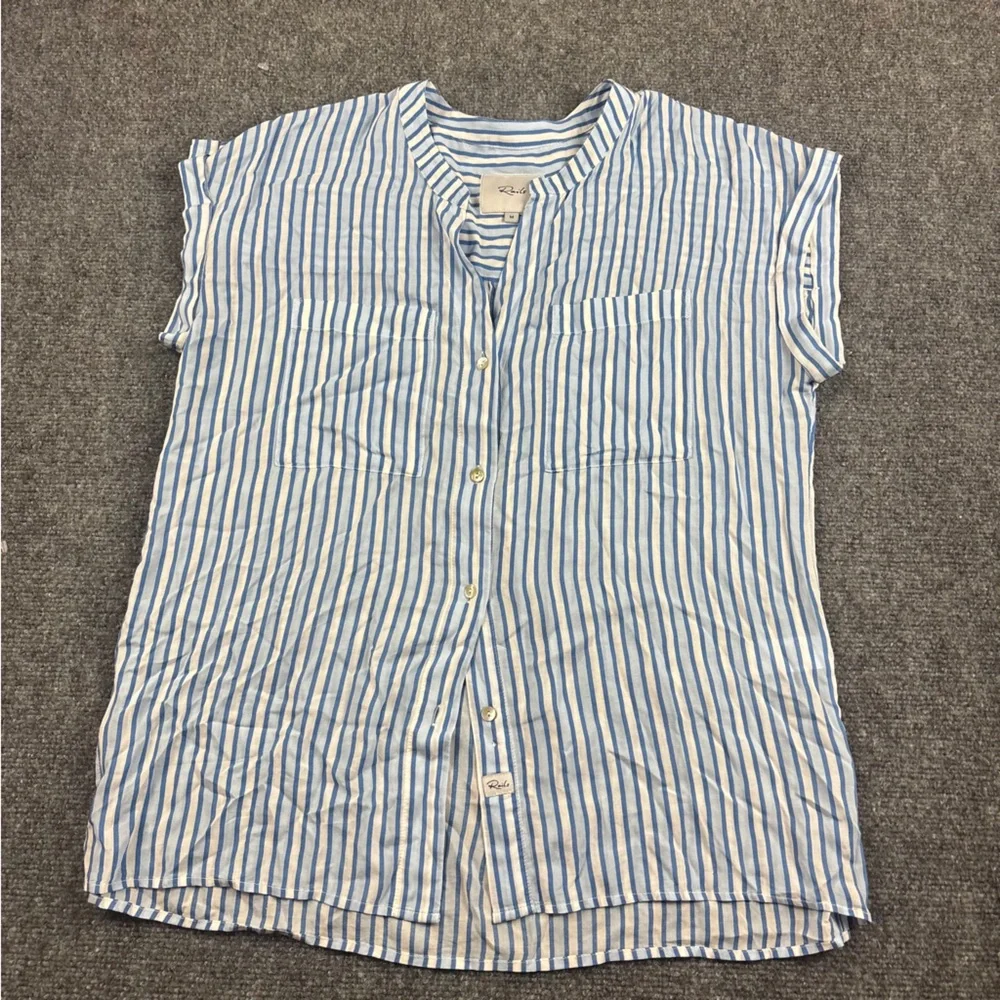 RAILS Womens Blue/White Stripe Button Up Cap Sleeve Blouse Mel Mar Stripe Medium - Picture 1 of 7